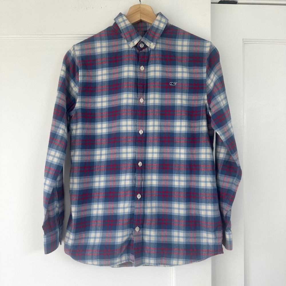 Vineyard Vines Boys Blue Red Plaid Flannel Button Down Shirt Size L 16 Casual‎